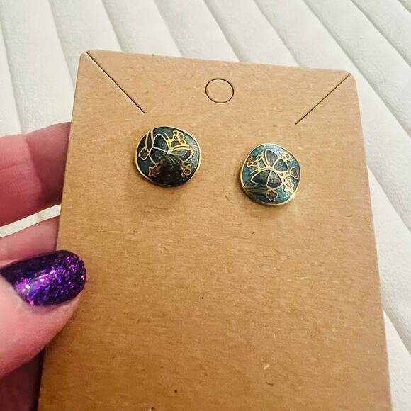 VINTAGE Set of 3 Earrings CLOISONE Small Heart, Shell, And Butterfly Post Back - Picture 6 of 7